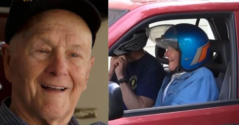 91-Year-Old Fulfills His Lifelong Dream – And It Involves A Car, A Helmet, And A Garage Door